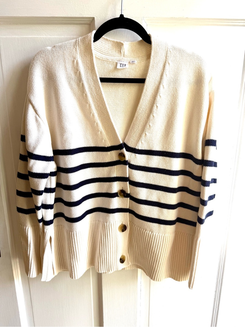 GAP Cream Cardigan with Navy Stripes and Buttons